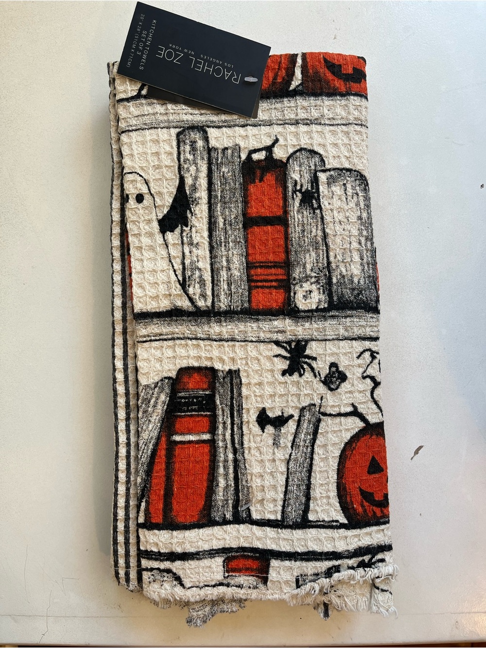 Rachel Zoe Halloween Kitchen Towel Set Ghost, Books, Pumpkins, Spiders